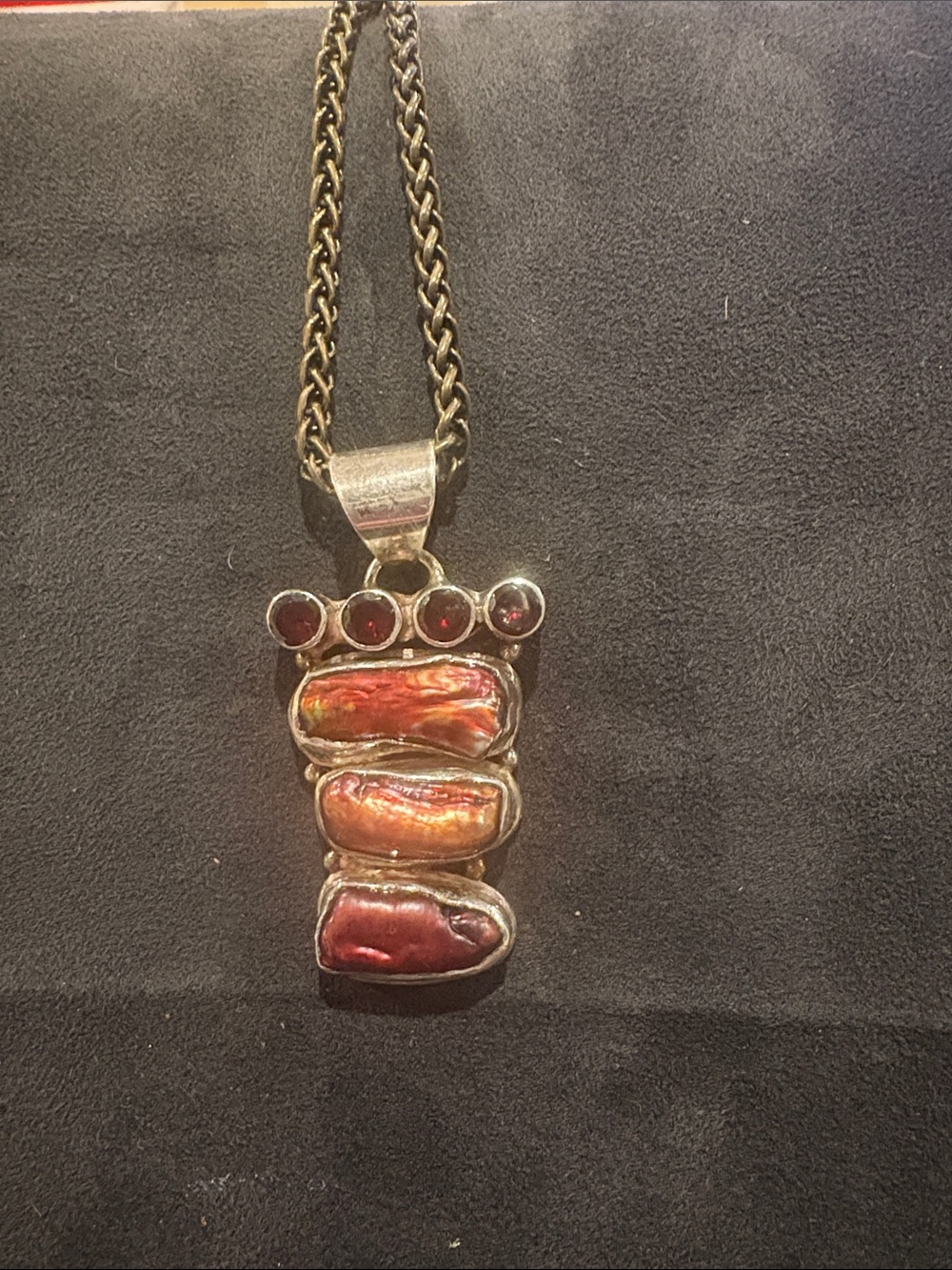 Silver Pendant Necklace with Red and Orange Shell Inlay